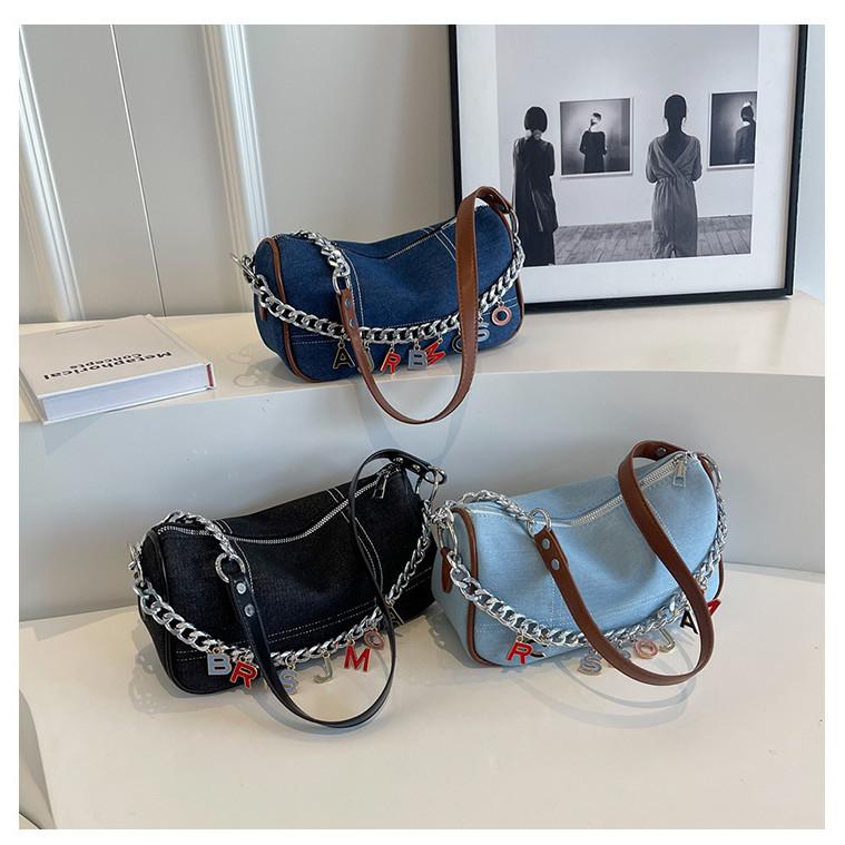 IELGY Denim Canvas Underarm Bag French Chain Shoulder All-Match High-End Niche Dumpling Bag