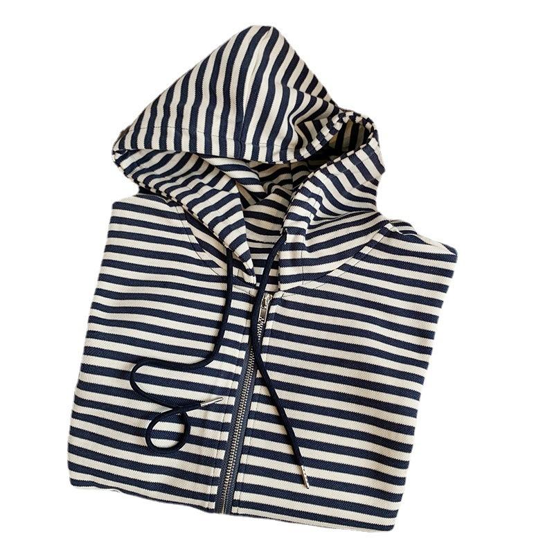New Autumn and Winter Striped Hooded Sweatshirt for Women, Loose, Long, Lazy, Niche, Versatile Zipper Cardigan Top