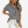 Women’s Fashion Casual Ruffle V Neck Plaid Print Blouse Short Sleeve Button Down Loose Fit Top for Everyday Wear Office