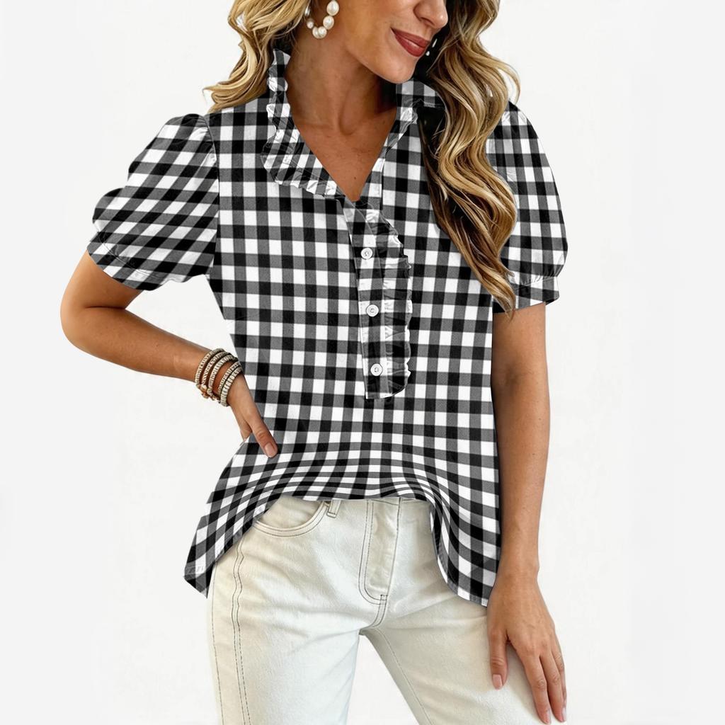 Women’s Fashion Casual Ruffle V Neck Plaid Print Blouse Short Sleeve Button Down Loose Fit Top for Everyday Wear Office