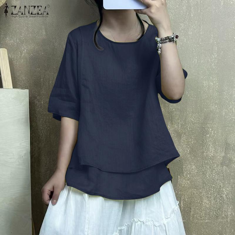ZANZEA Women Summer Round Neck Loose Casual Half Sleeve Blouse