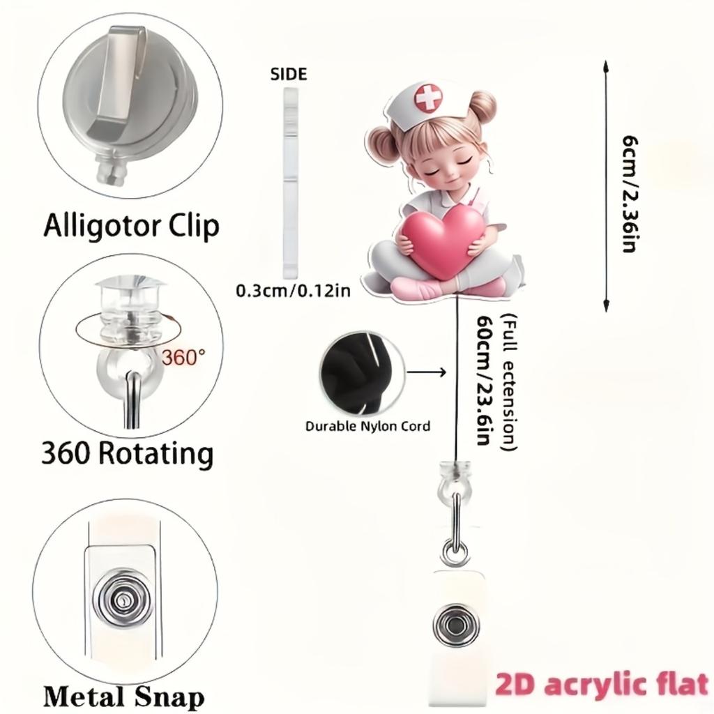 2D flacher Acryl-Rosa-Herz-Krankenschwester-Einziehbarer Ausweisclip, Langlebiger Arbeitsausweishalter für Medizinstudenten, Krankenschwestern, Klinische Praktiker