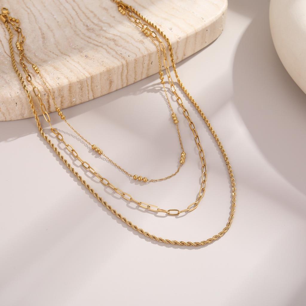 GEMCHIC Women's Stainless Steel 3-Layer Layered Chain Necklace Titanium Steel Paperclip Chain Versatile Choker Wholesale