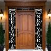 Happy New Year Porch Banner Holiday Party Decoration Black And Silver Hanging Door Sign Outdoor Indoor Festive Wall Decor Snowflake Reindeer Design