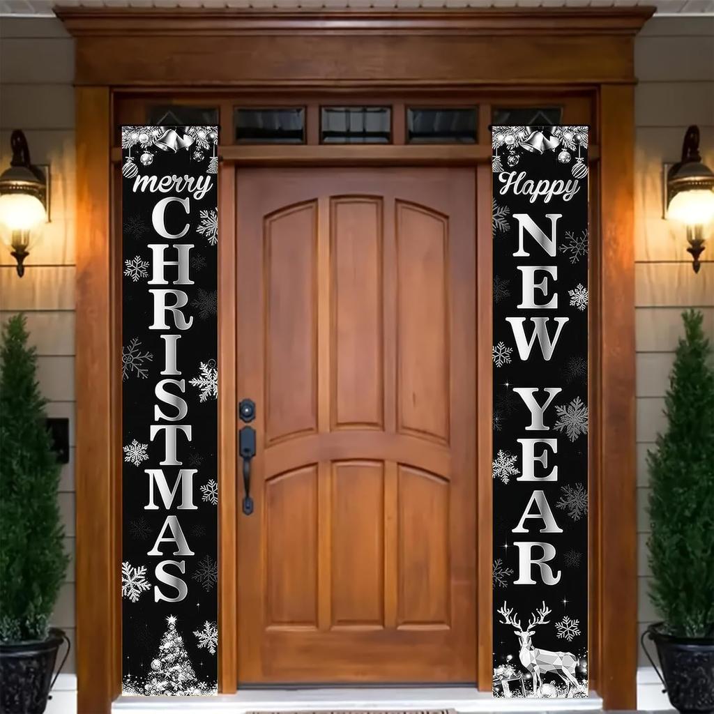 Happy New Year Porch Banner Holiday Party Decoration Black And Silver Hanging Door Sign Outdoor Indoor Festive Wall Decor Snowflake Reindeer Design