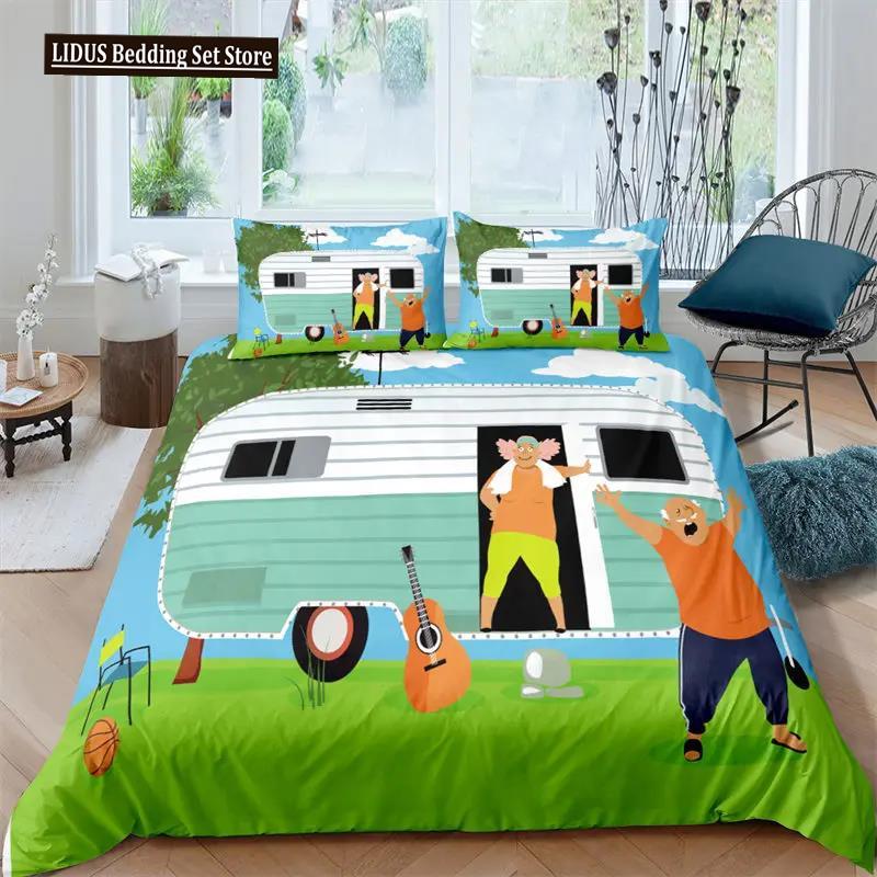 Šťastné kempování Povlak na přikrývku Queen Kreslený Karavan Kempingová Ložní souprava Styl Farmy 3D Obal na přikrývku Camper s povlaky na polštáře
