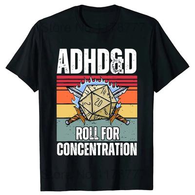 Retro Vintage ADHD&D Tira para Concentración Divertido Gamer Mazmorras DM RPG Dados Dragón Camisetas Verano Ropa de Calle Regalos Camiseta Hombre