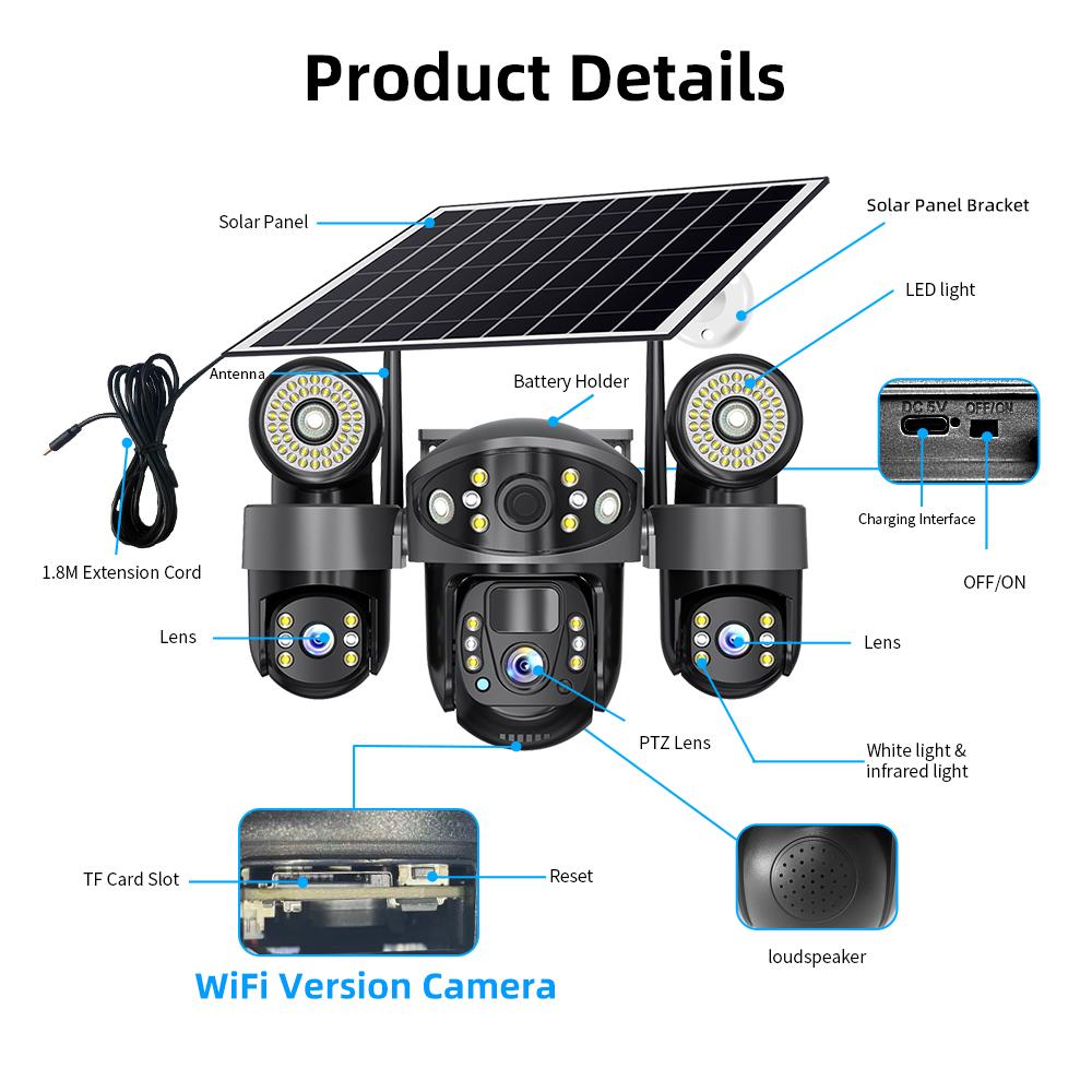 4G/WIFI Solar-powered Security Camera, Triple Lens, Triple Screen, Full-color Night Vision, Motion Detection, Wireless Monitoring