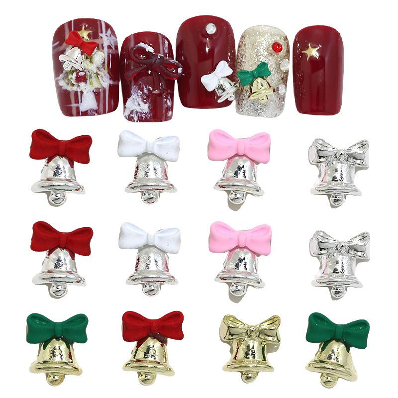 5 Stück Weihnachten Legierung Nagelzubehör Mini Farbige Schleife Glocke Schmuck Nagelkunst Charms Dekorationen 3D Flache Rückseite Teile
