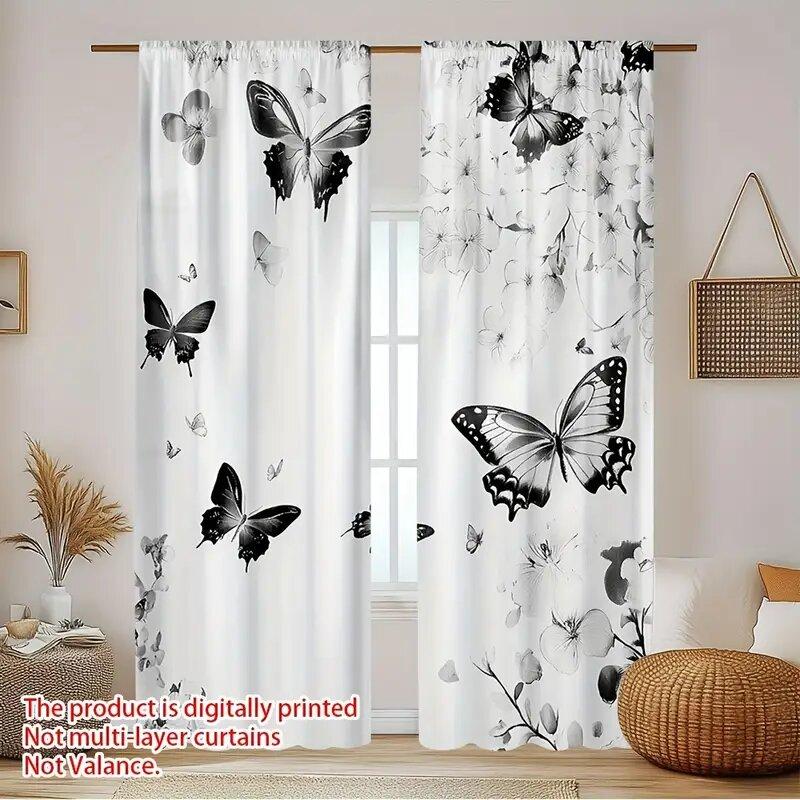 2 Stück - Schwarze Vorhänge mit Schmetterlingsdruck, Stangenschlaufen-Vorhänge, Heimdekoration, Raumdekoration