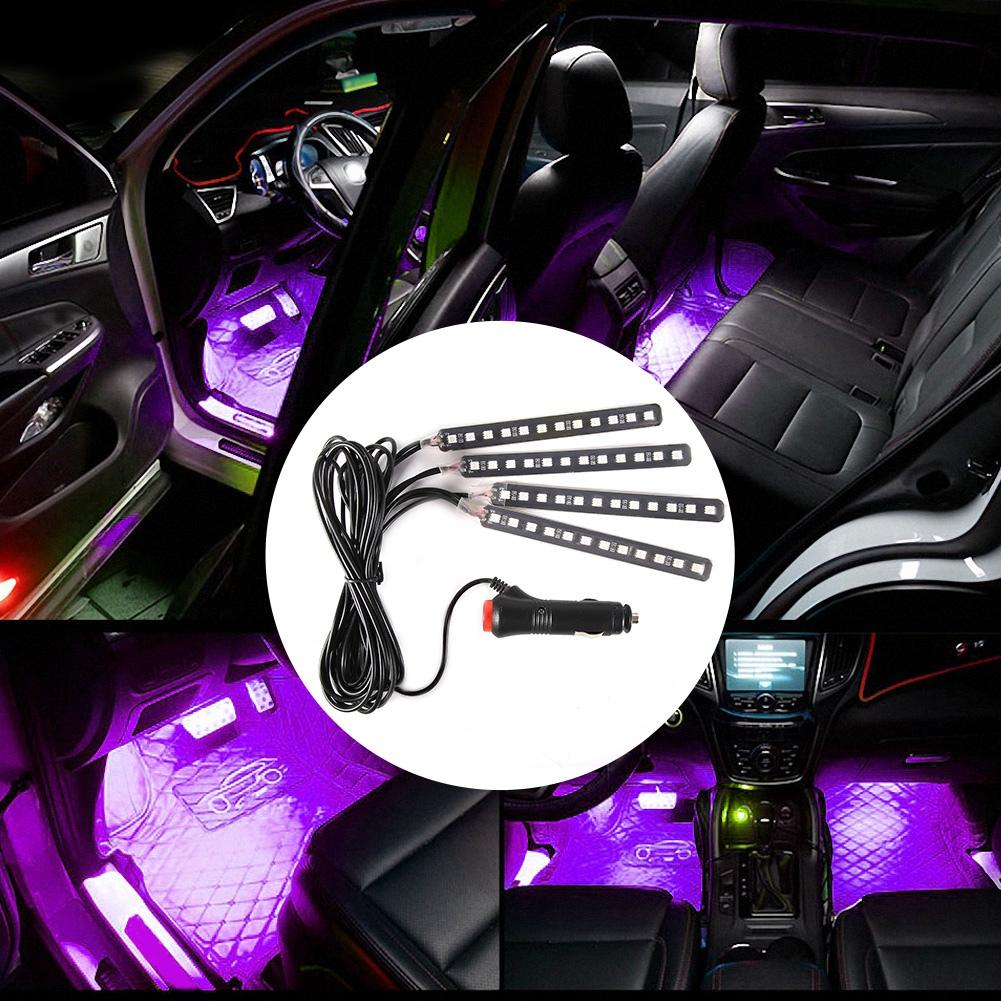 12V 4x 12SMD Car Interior RGB LED Strip Lights Foot Light Remote Control(Ice Blue)