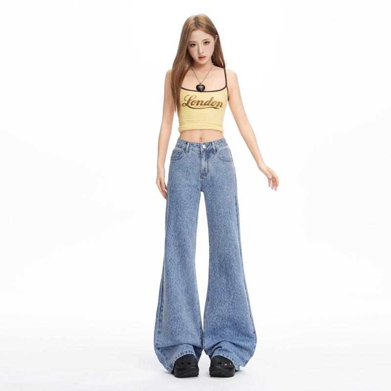 Women s American Retro Leopard Print Flare Jeans - Loose, Micro Flare Fit for 2026 Spring/Summer Extra Small