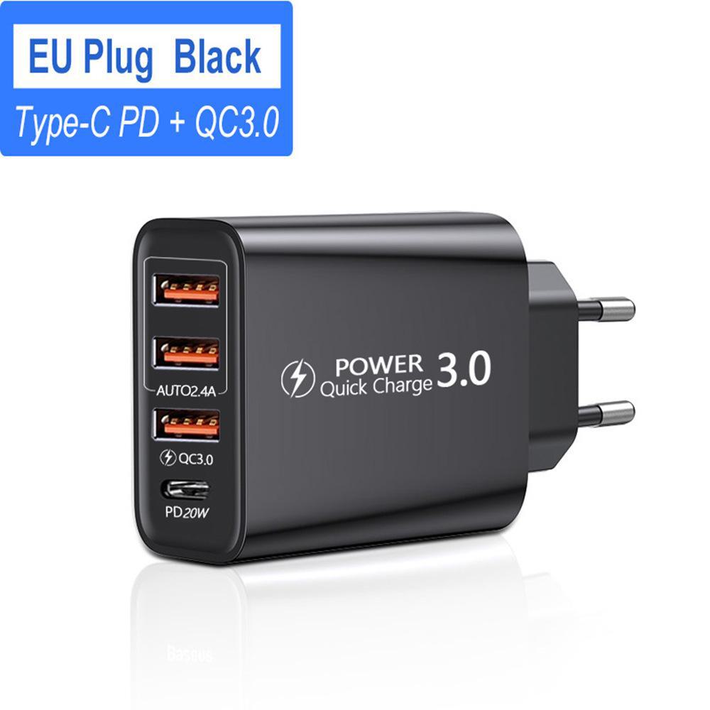 

3-портовий USB + Type-C дорожній зарядний пристрій з PD European standard charger чорний