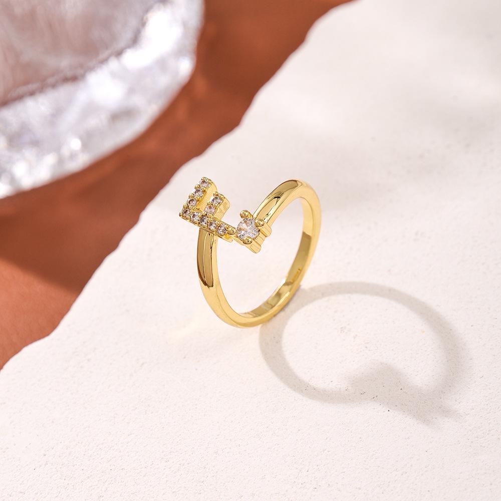 Copper Inlaid Zircon Alphabet Ring: Women's Fashionable Adjustable Open Ring
