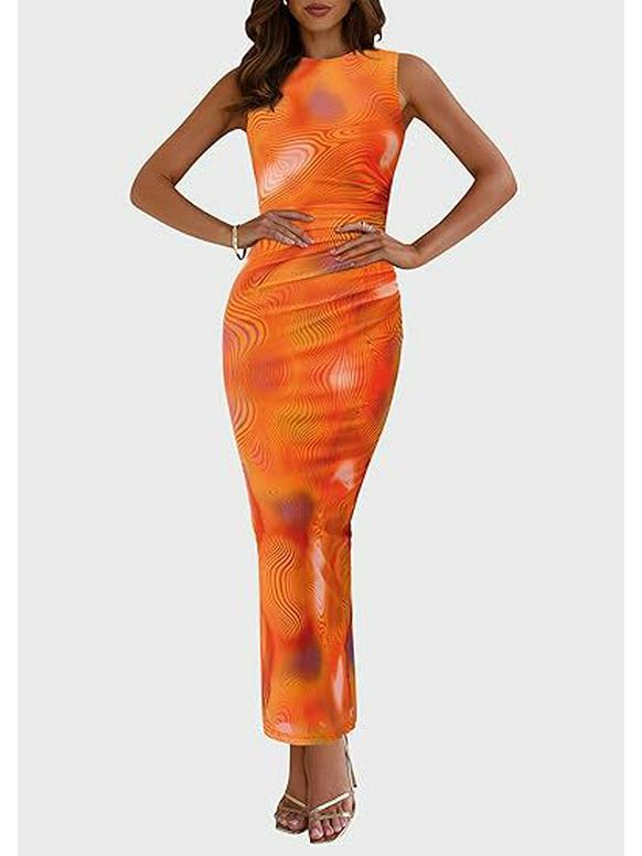 2024 Women's Floral Ruched Mesh Bodycon Dress - Sleeveless, Round Neck