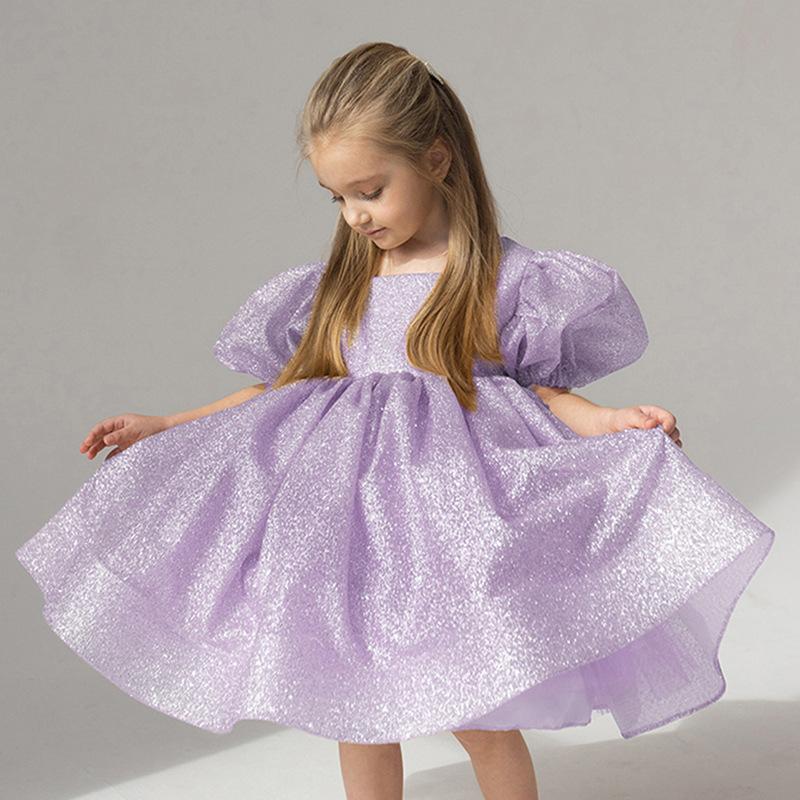 Bubble Sleeve Princess Dress Flower Girl Baptism Gown for Kids' Party Piano Performance Pageant