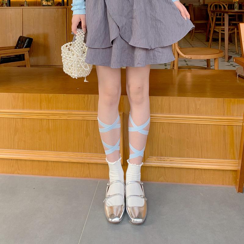 Balletcore Lace-Up Socks with Ruffled Cuff, Sweet Lolita Ribbed Crew Socks for Women, Y2K Aesthetic Leg Warmers Accessories