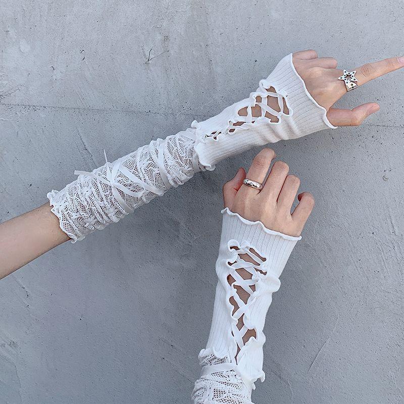 Y2K Ballet Style White Mesh Lace Fingerless Sun Protection Gloves with Tie-Up Sleeves