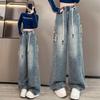 Dames Plus Size Losse Jeans met Hoge Taille en Wijde Pijpen, Slank Makende Student Fit
