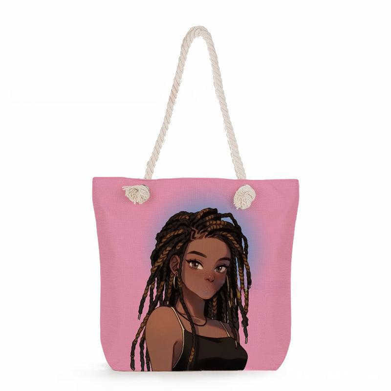 Black Girl Print Thick Rope Single-shoulder Beach Bag 7358