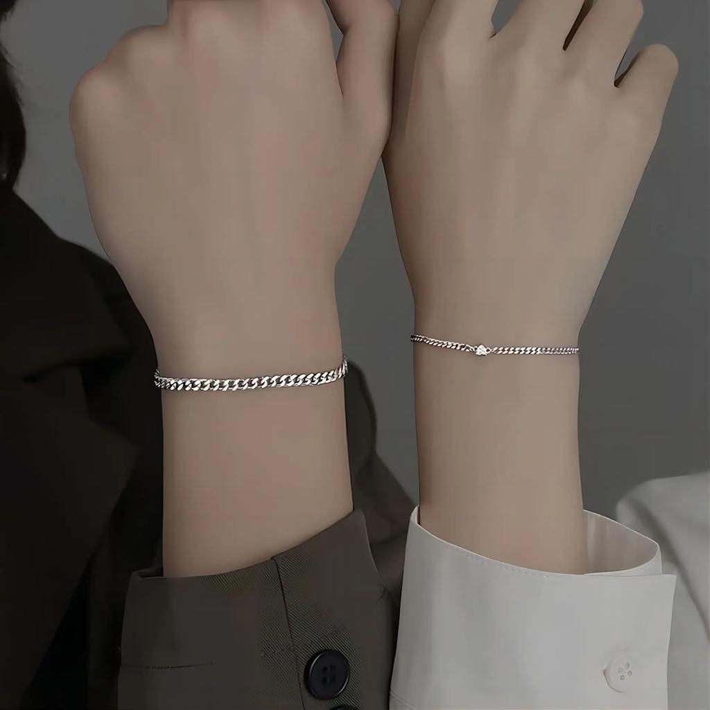 LATS 2PCS Simple Bracelet Set for Couple Unisex Women Men Lover Crystal Heart Gold Chain Bracelets Trend Jewelry
