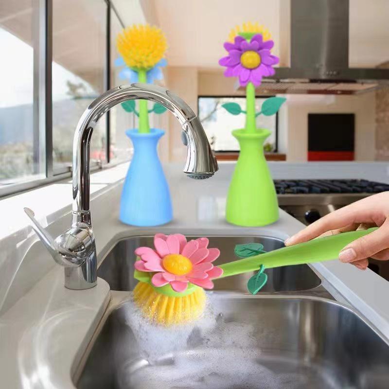 Soap Dispenser Sink Automatic Sponge Kitchen Bathroom Flower Shaped Cleaning Brush Pot Washing Tool with Handle Home Decoration