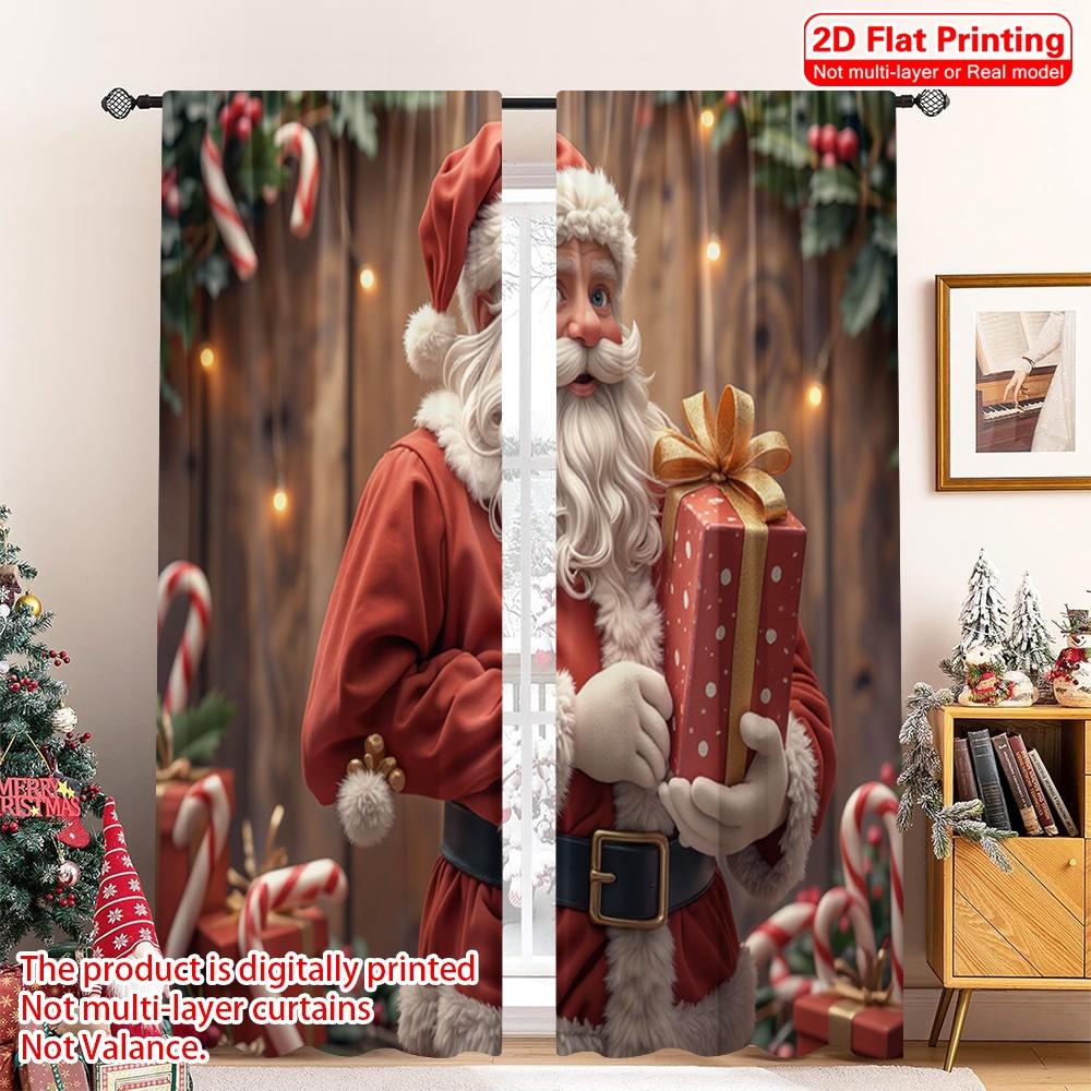 2pcs 2D Flat Printing Christmas Window Drapes Santa Claus Gifts Christmas Festive 100% Polyester Without Electricity Holiday