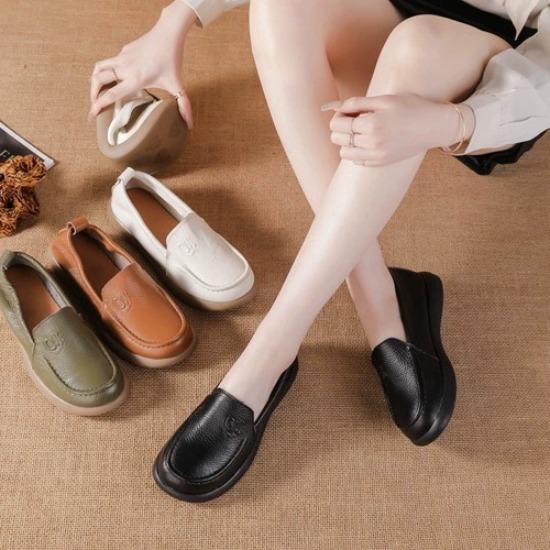 Runde Zehenpartie Echtes Leder Flacher Absatz Lässige Damen Einzelschuhe Einfarbig Mutterschuhe Rutschfest Abriebfest Weiche Sohle Bequem