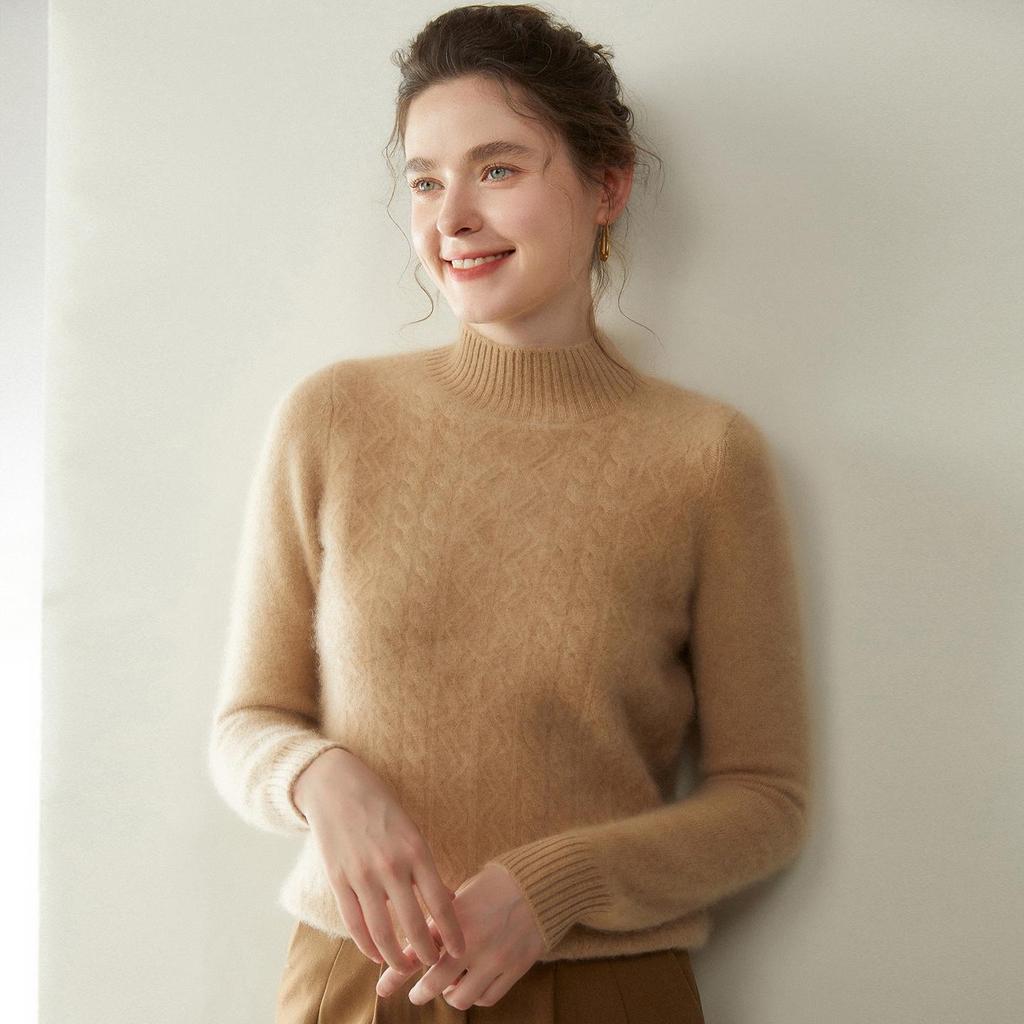 Women's Cashmere Half-High Neck Sweater, Autumn/Winter 2025, Seven-Needle Cable Knit, Loose Fit, Versatile Pullover.