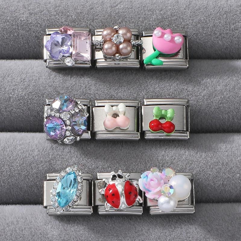 Fashion Cherry Flower Heart Star Dreamy Shiny Zircon Y2K Italian Charm Links Fit 9mm Bracelet Stainless Steel DIY Making Jewelry