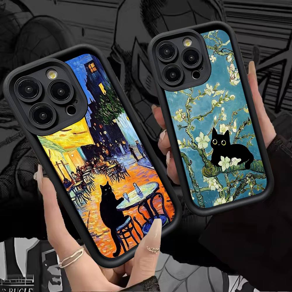 Black Cat Van Gogh Silicone Soft Phone Case For IPhone 17 16 14 13 12 11 15 Pro Max Plus Air Cover