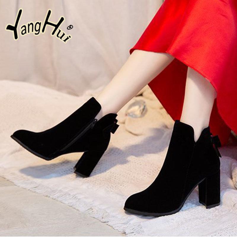 Red Carpet Cow Suede Wedding Women's Shoes 2024 New Fashion Keep Warm Butterfly Knot High Heels Pumps Party Ankle Boots Autumn