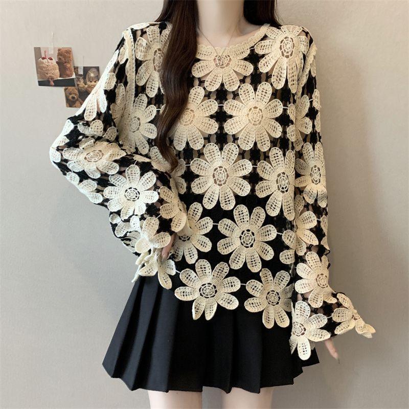 Bohemian Crochet Hollow Knit Sweater for Women Loose Color-Block Long-Sleeve Knit Pullover Top