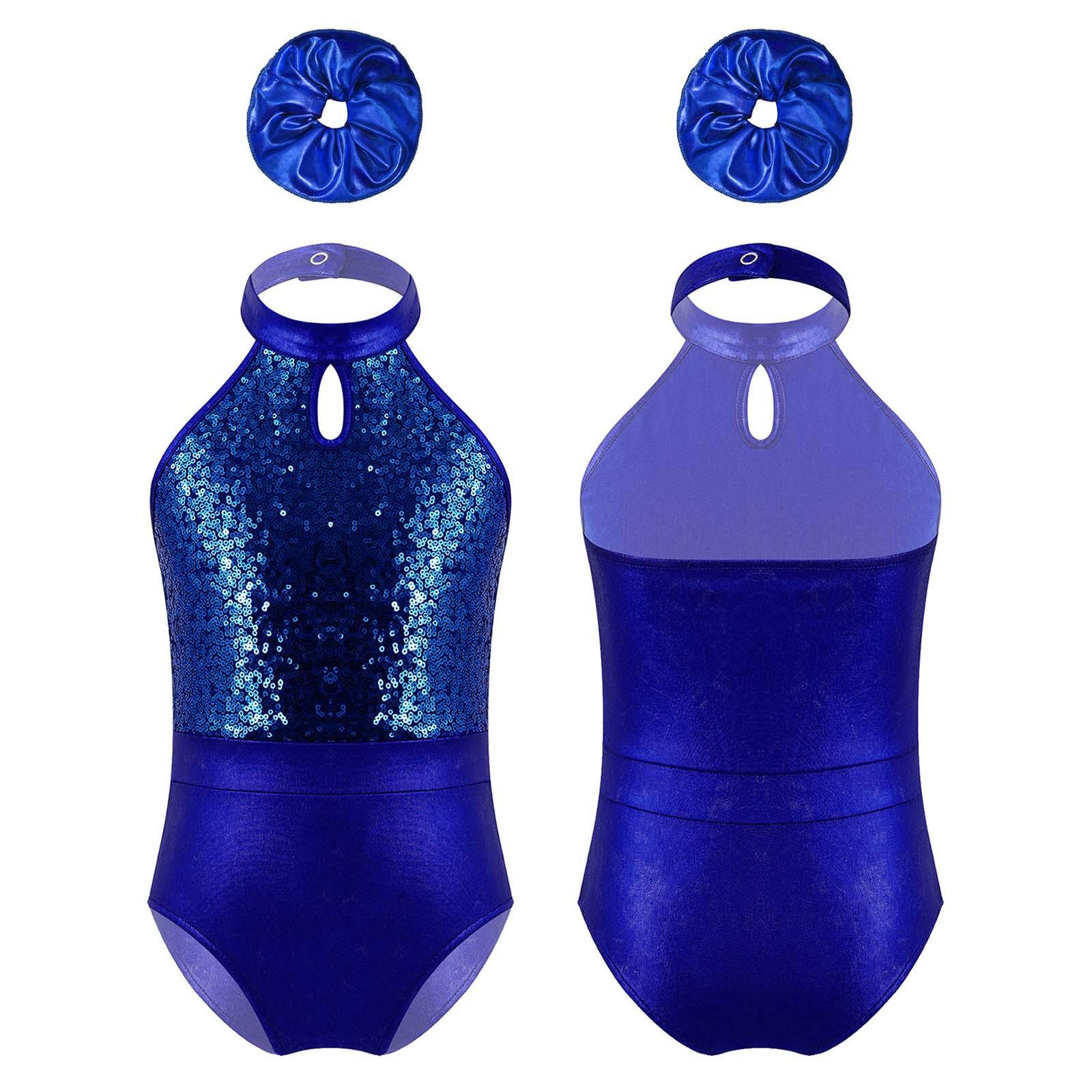 

Kids Girls Backless Leotard Sleeveless Sparkling Sequins Patchwork Style with Metallic Hairband for Dance Performance Competition королівський синій колір