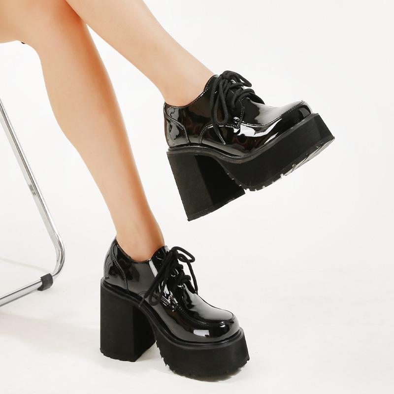 Fashion 10cm Chunky Pumps Plus Size 35-43 Platform High Heels Loafers Women Patent Leather Slip on Jk Uniform Shoes Zapatos De Mujer
