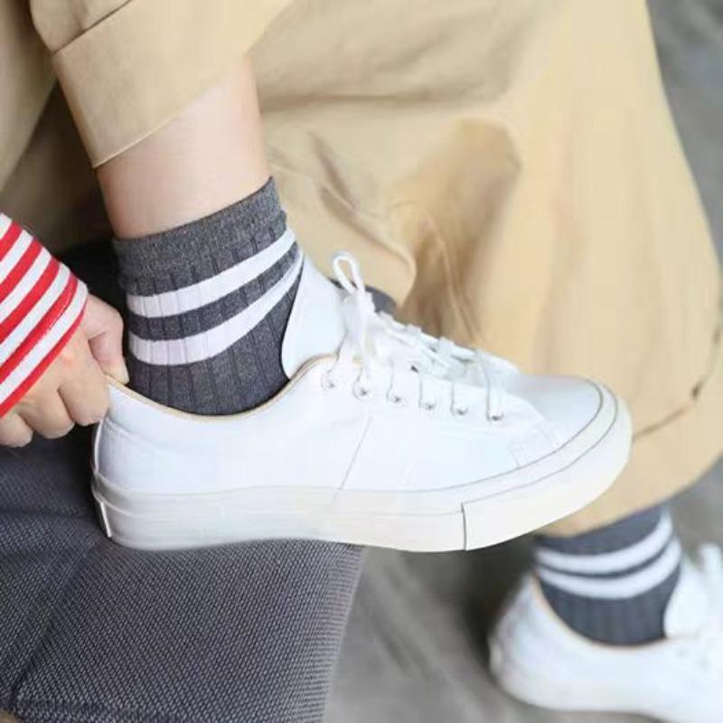 Women's Summer Thin Classic Stripe Two Bar Breathable Sweat Absorbing Leisure Sports Tube Cotton Socks