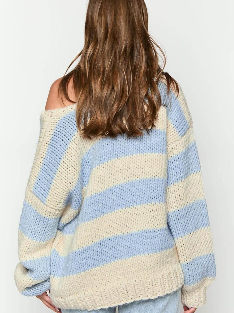 Herbst Winter Mode Lässiger Lockerer Strickpullover Schultergurt Cord Streifen Süßes Oberteil