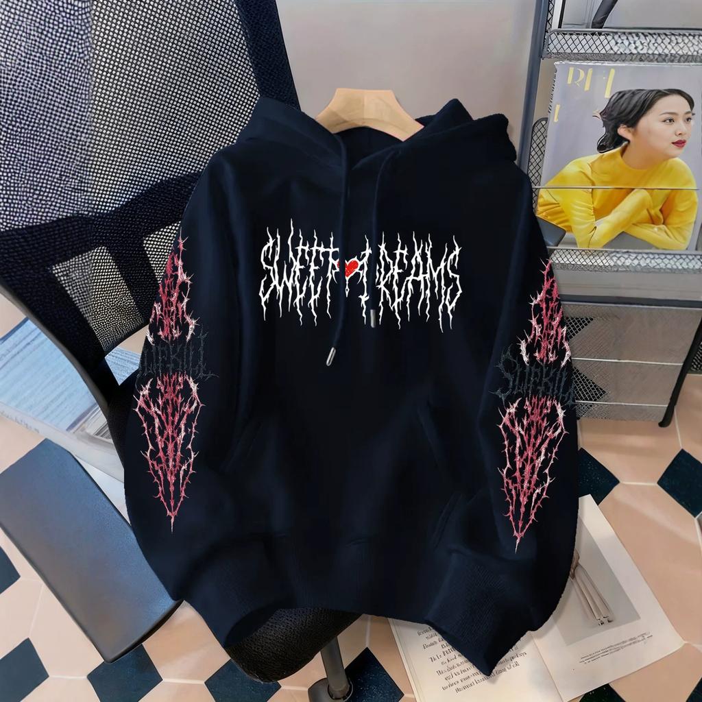 Dark Gothic letter print hooded sweater, the same street loose pullover for men and women