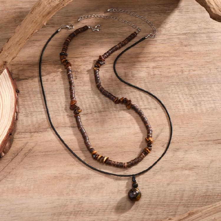 2Pcs Ethnic Layering Beaded Necklace Set Adjustable Leather Cord Jewelry With Natural Stones Holiday Gift For Adults