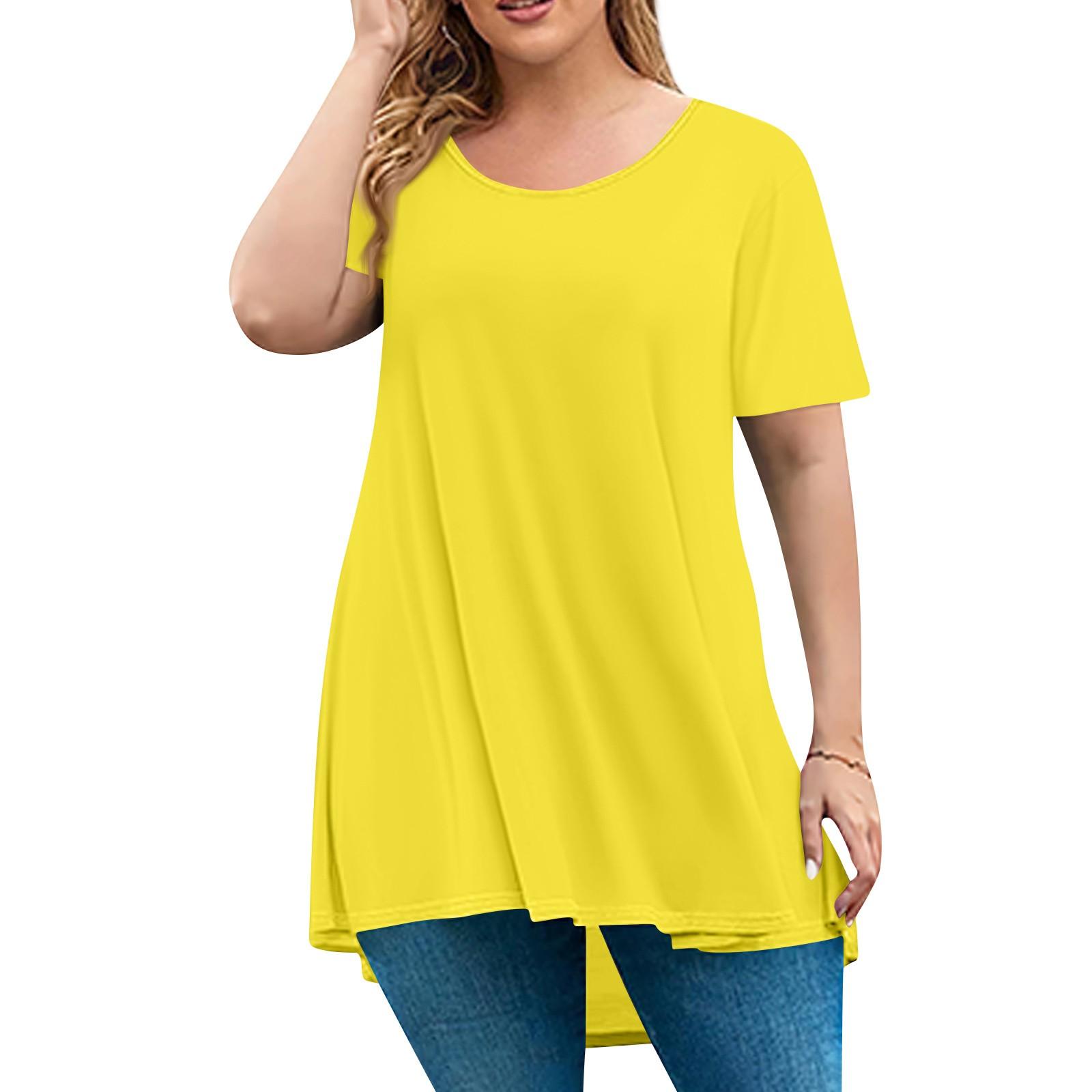 

Женская мода большого размера с круглым вырезом и коротким рукавом, повседневный однотонный свободный пуловер XL жёлтый