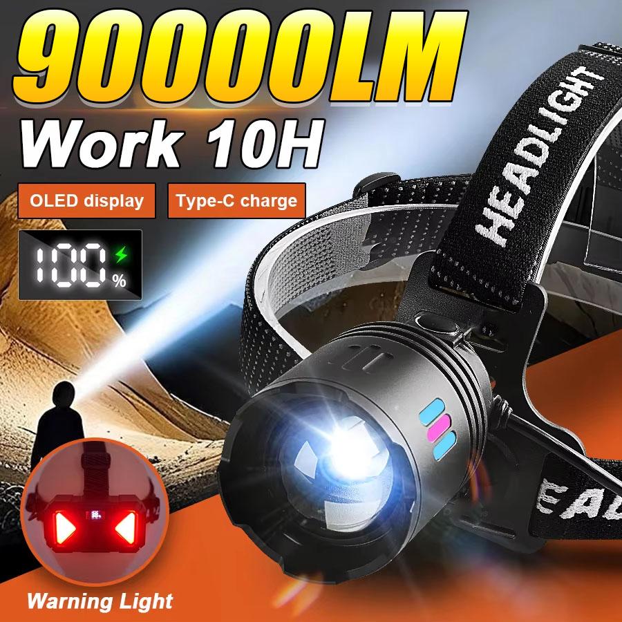 90000LM Upgrade Led Headlamp High Powerful Rechargeable Head Flashlight Fishing Camping Headlight Hunting Hiking Front Lantern