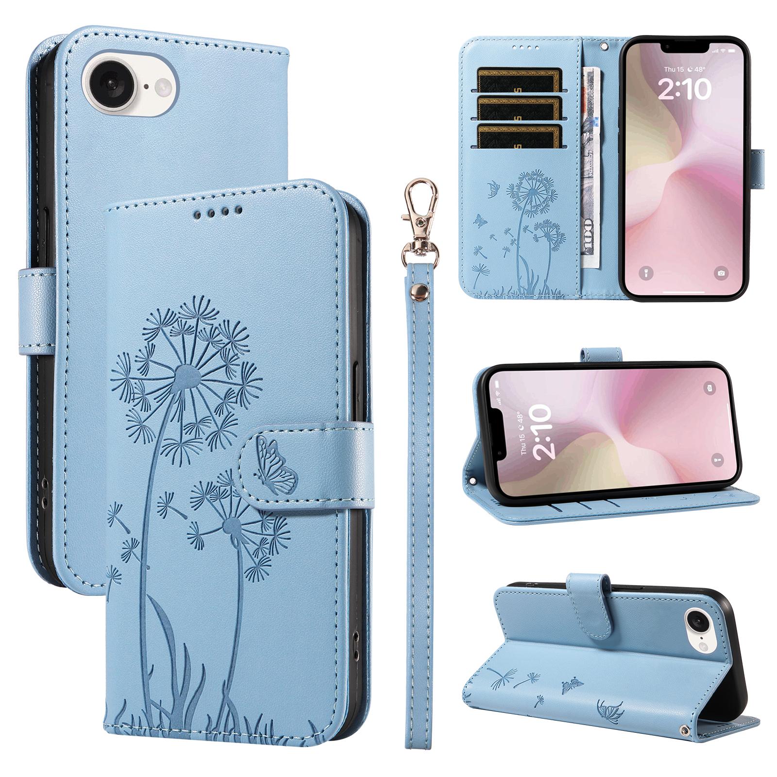 For iPhone 16e Leather Wallet Case with Strap Dandelion Imprint Phone Stand Cover B