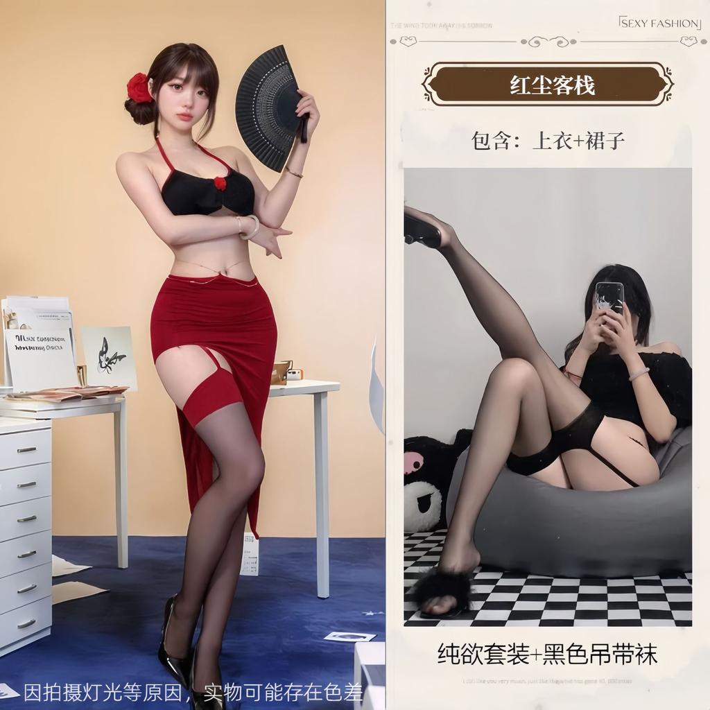 Sex underwear sexy rose long dress nightclub tube top hanging neck red charm split fork