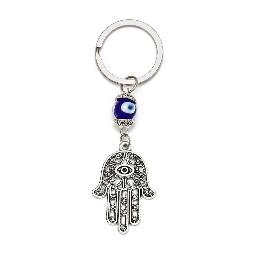 Lucky Eye Alloy Fatima Hand Elephant Owl Tree of Life Keychain Blue Turkish Evil Eye Key Chain Car Keyring for Women Men Jewelry