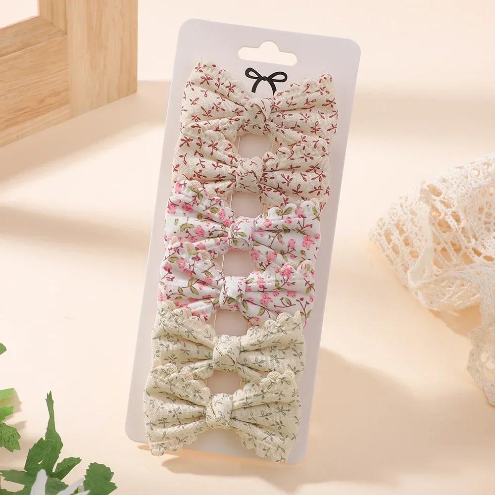 BABY BOWS 2/6Pcs Sweet Floral Print Hair Bow Clips for Girls Fresh Pastoral Cotton Hairgripe Barrettes Headwear Hair Accessories