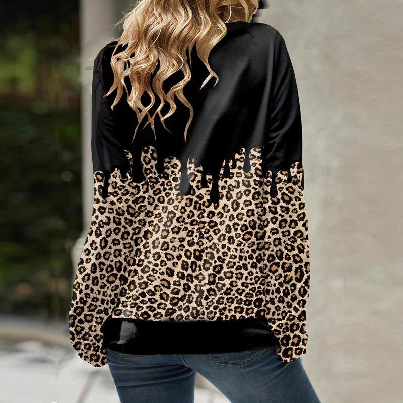 Women's Casual Leopard Print Long Sleeve Pile Collar Double Drawstring Pullover Sweatshirt
