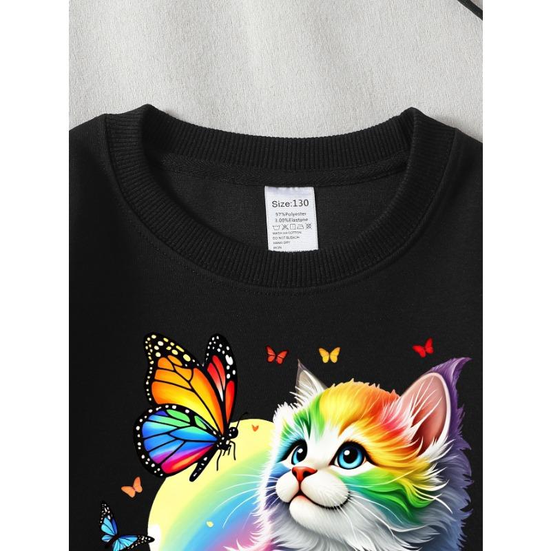 European sizes Girls' Soft Crewneck Sweatshirt Rainbow Cat Butterfly Print, Casual for Fall Winter, Ideal Holiday Present.