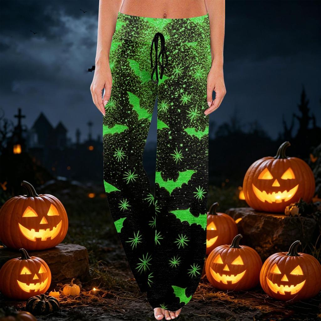 Bequeme Damen-Schlafanzughose mit Karomuster, Halloween-Print, Kordelzug, weiter Beinschnitt für Schlaf und