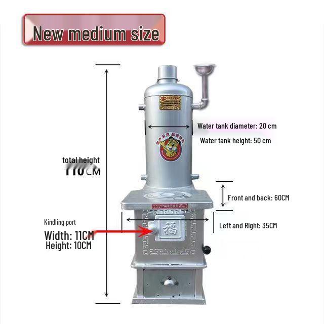 Indoor Coal-Burning Heating Stove with Chimney and Radiators, Includes Water Tank for Boiling and Cooking.