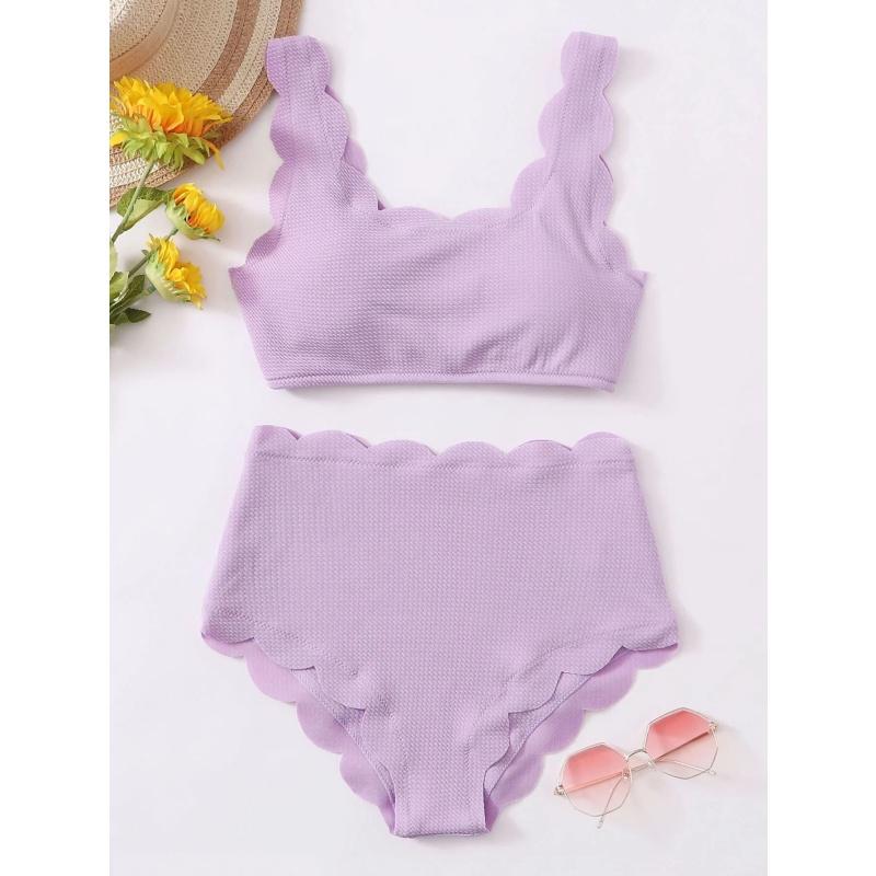 Simple Solid High Waist Bikini Women Swimsuit Fashion Floral Edge Split Bathing Suit 2025 New Casual Lady Two Pieces Beachwear